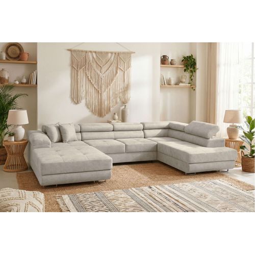 Canapé Panoramique 6 Places Flavio Convertible Avec 2 Coffres En Tissu - Gris Clair