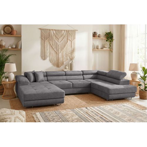 Canapé Panoramique 6 Places Flavio Convertible Avec 2 Coffres En Tissu - Gris Moyen