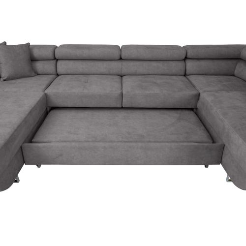 Canapé Panoramique 6 Places Flavio Convertible Avec 2 Coffres En Tissu - Gris Moyen