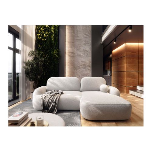 Canapé D'angle Droit Convertible 4 Places Milly Avec Coffre En Tissu Bouclette - Blanc