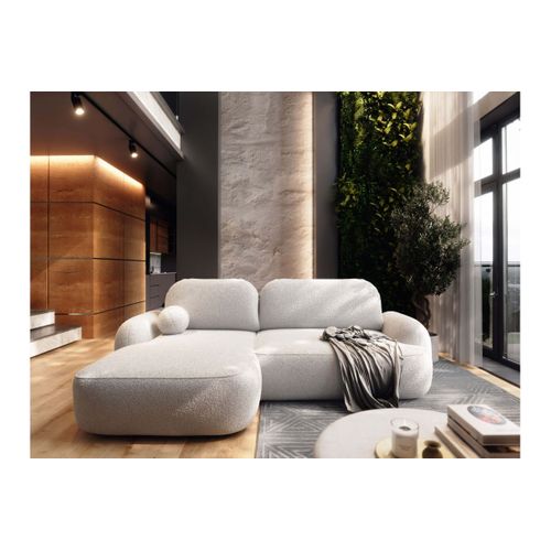 Canapé D'angle Gauche Convertible 4 Places Milly Avec Coffre En Tissu Bouclette - Blanc