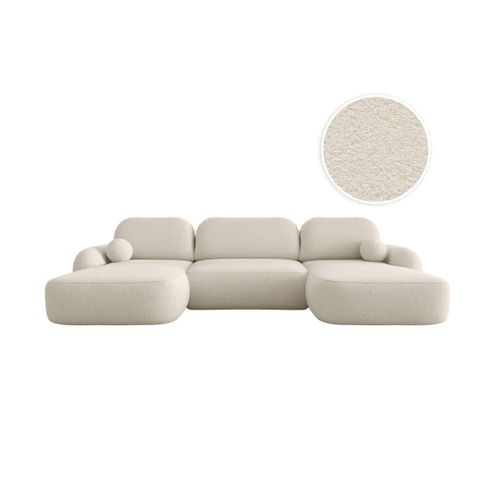 Canapé Panoramique Convertible 6 Places Milly Avec Coffre En Tissu Bouclette - Beige