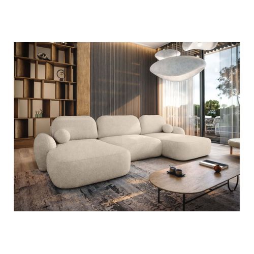 Canapé Panoramique Convertible 6 Places Milly Avec Coffre En Tissu Bouclette - Beige