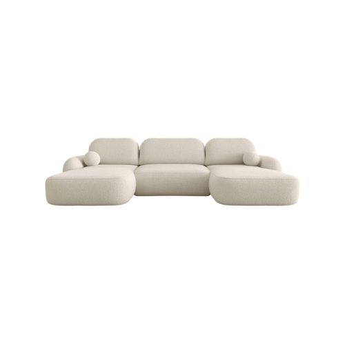 Canapé Panoramique Convertible 6 Places Milly Avec Coffre En Tissu Bouclette - Beige