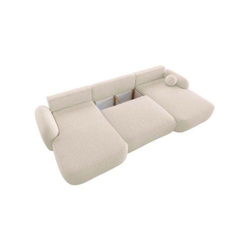 Canapé Panoramique Convertible 6 Places Milly Avec Coffre En Tissu Bouclette - Beige