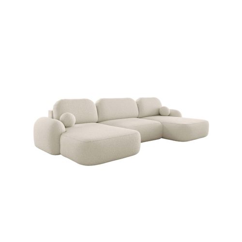 Canapé Panoramique Convertible 6 Places Milly Avec Coffre En Tissu Bouclette - Beige