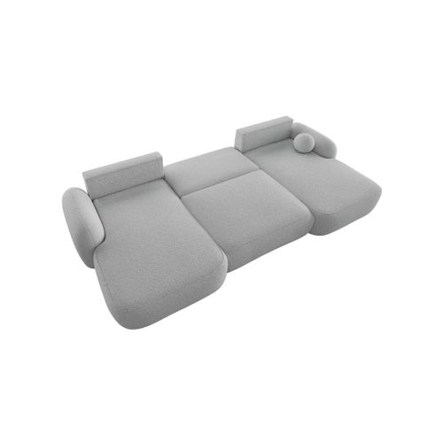 Canapé Panoramique Convertible 6 Places Milly Avec Coffre En Tissu Bouclette - Gris Clair