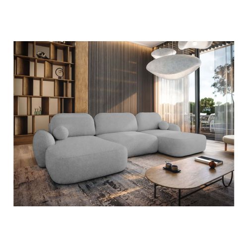 Canapé Panoramique Convertible 6 Places Milly Avec Coffre En Tissu Bouclette - Gris Clair