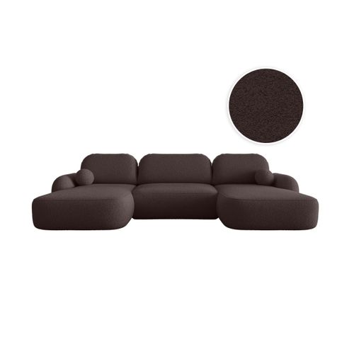 Canapé Panoramique Convertible 6 Places Milly Avec Coffre En Tissu Bouclette - Marron