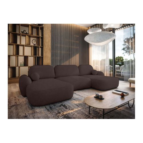 Canapé Panoramique Convertible 6 Places Milly Avec Coffre En Tissu Bouclette - Marron