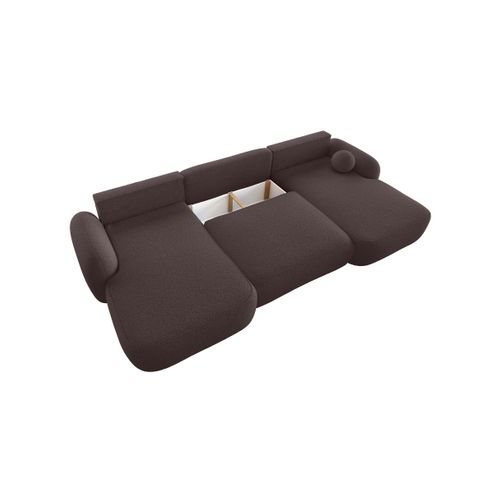 Canapé Panoramique Convertible 6 Places Milly Avec Coffre En Tissu Bouclette - Marron