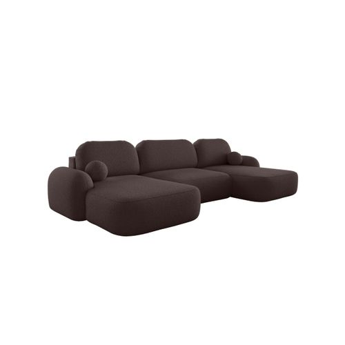 Canapé Panoramique Convertible 6 Places Milly Avec Coffre En Tissu Bouclette - Marron