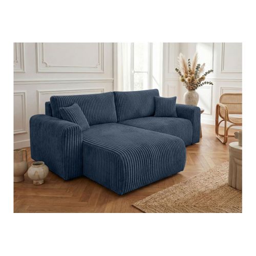 Canapé D'angle Compact Réversible Et Convertible Alya 4 Places En Velours Cotelé Épais - Bleu Foncé