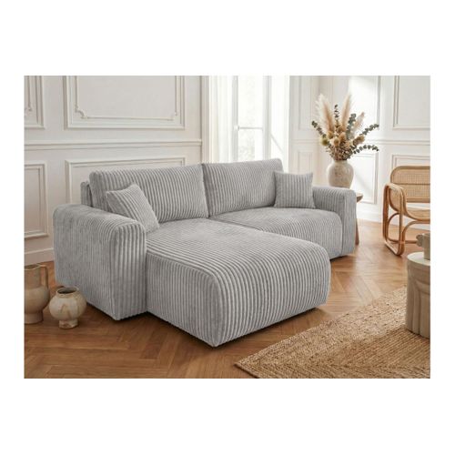 Canapé D'angle Compact Réversible Et Convertible Alya 4 Places En Velours Cotelé Épais - Gris Clair