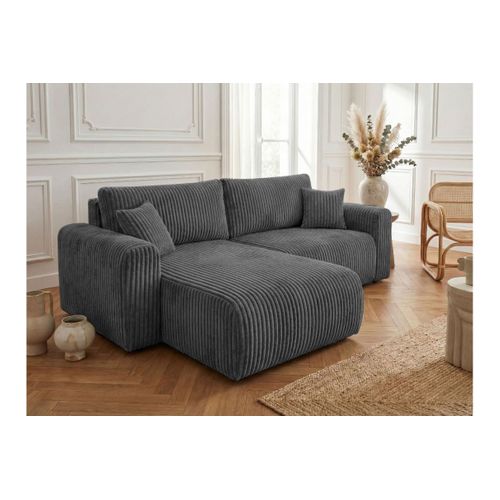 Canapé D'angle Compact Réversible Et Convertible Alya 4 Places En Velours Cotelé Épais - Gris Foncé
