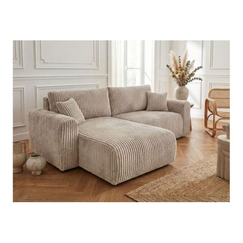 Canapé D'angle Compact Réversible Et Convertible Alya 4 Places En Velours Cotelé Épais - Taupe