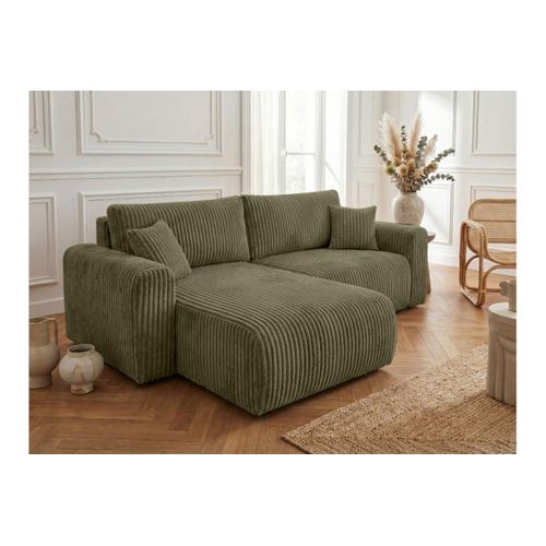 Canapé D'angle Compact Réversible Et Convertible Alya 4 Places En Velours Cotelé Épais - Vert Kaki