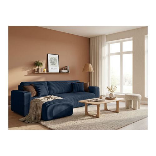 Canapé D'angle Conv Et Réversible 4p Alya Velours Cotelé Épais Bleu Foncé
