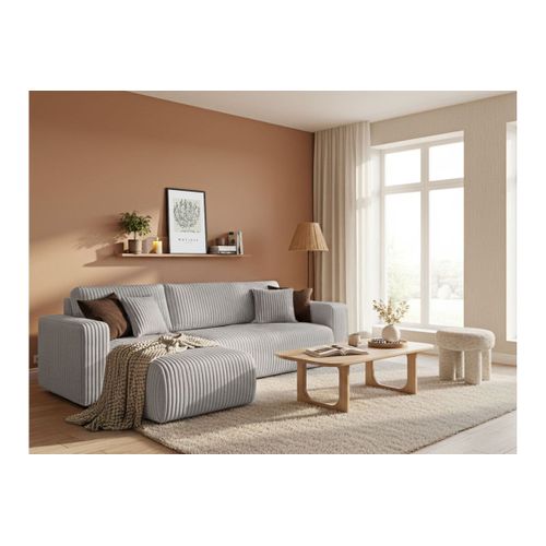 Canapé D'angle Conv Et Réversible 4p Alya Velours Cotelé Épais Gris Clair