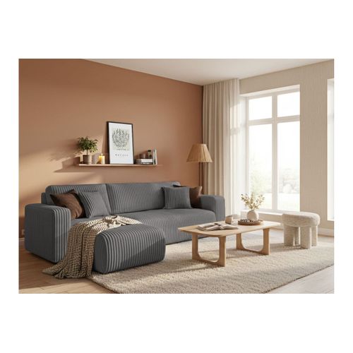 Canapé D'angle Conv Et Réversible 4p Alya Velours Cotelé Épais Gris Foncé