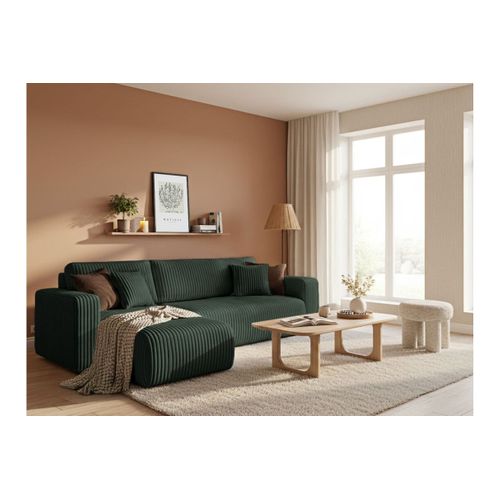 Canapé D'angle Conv Et Réversible 4p Alya Velours Cotelé Épais Vert Foncé