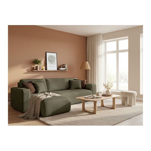 Canapé D'angle Conv Et Réversible 4p Alya Velours Cotelé Épais Vert Kaki