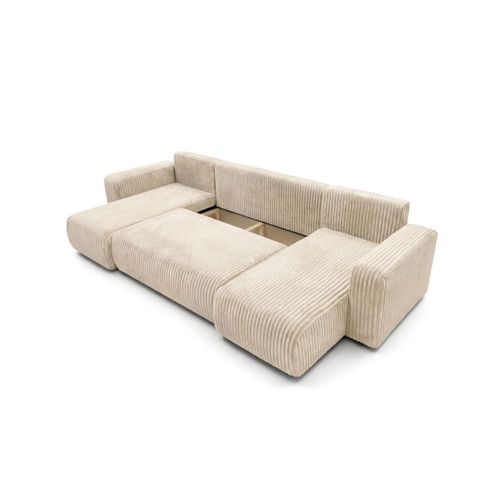 Canapé Panoramique Convertible 6p Alya Velours Cotelé Épais Beige