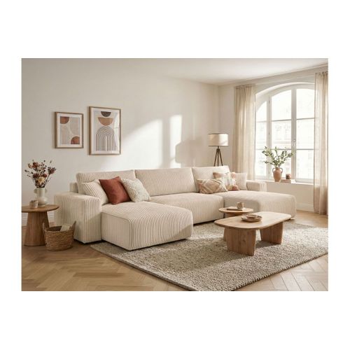 Canapé Panoramique Convertible 6p Alya Velours Cotelé Épais Beige