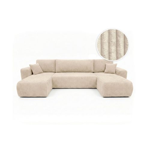 Canapé Panoramique Convertible 6p Alya Velours Cotelé Épais Beige