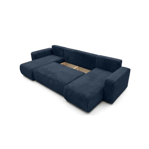 Canapé Panoramique Convertible 6p Alya Velours Cotelé Épais Bleu Foncé