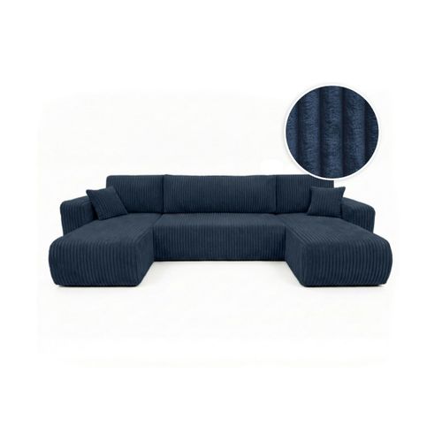 Canapé Panoramique Convertible 6p Alya Velours Cotelé Épais Bleu Foncé