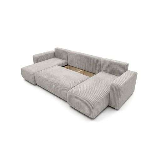 Canapé Panoramique Convertible 6p Alya Velours Cotelé Épais Gris Clair