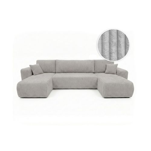 Canapé Panoramique Convertible 6p Alya Velours Cotelé Épais Gris Clair