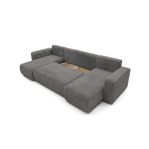 Canapé Panoramique Convertible 6p Alya Velours Cotelé Épais Gris Foncé