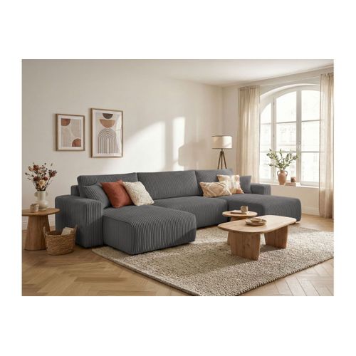 Canapé Panoramique Convertible 6p Alya Velours Cotelé Épais Gris Foncé