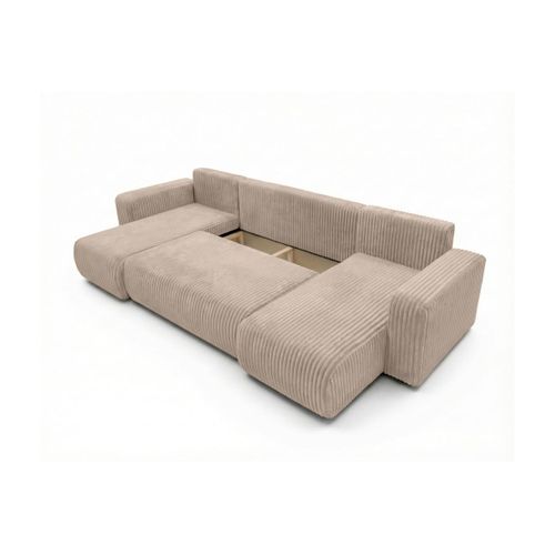 Canapé Panoramique Convertible 6p Alya Velours Cotelé Épais Taupe