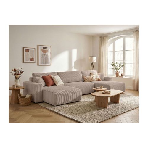 Canapé Panoramique Convertible 6p Alya Velours Cotelé Épais Taupe