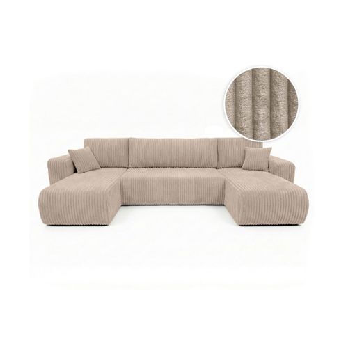 Canapé Panoramique Convertible 6p Alya Velours Cotelé Épais Taupe