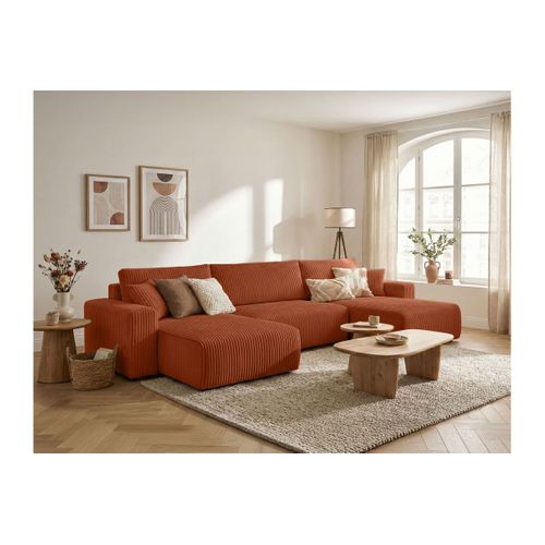 Canapé Panoramique Convertible 6p Alya Velours Cotelé Épais Terracotta