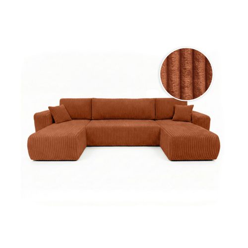 Canapé Panoramique Convertible 6p Alya Velours Cotelé Épais Terracotta