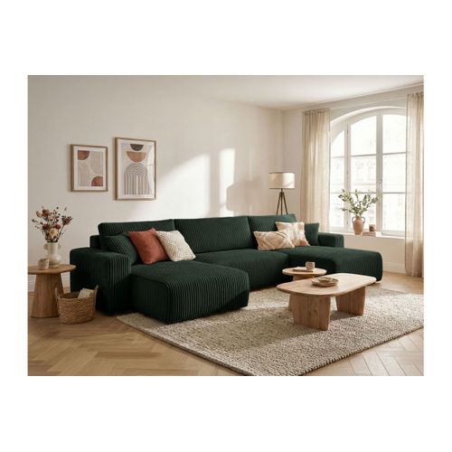 Canapé Panoramique Convertible 6p Alya Velours Cotelé Épais Vert Foncé