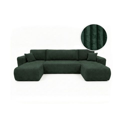 Canapé Panoramique Convertible 6p Alya Velours Cotelé Épais Vert Foncé