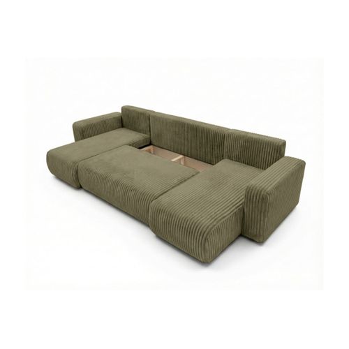 Canapé Panoramique Convertible 6p Alya Velours Cotelé Épais Vert Kaki
