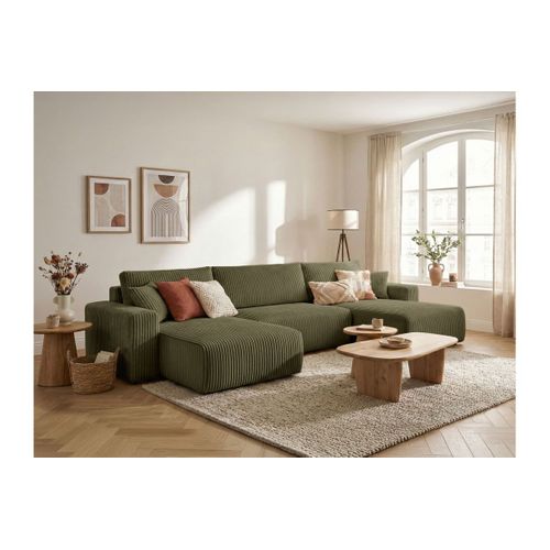 Canapé Panoramique Convertible 6p Alya Velours Cotelé Épais Vert Kaki