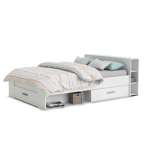 Lit En Bois Blanc Perle Avec Tiroir 160x200 Cm