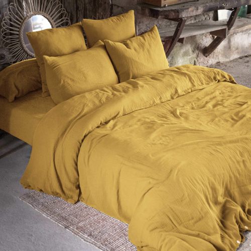 Parure De Lit Double Gaze De Coton Jaune 260x240 Cm