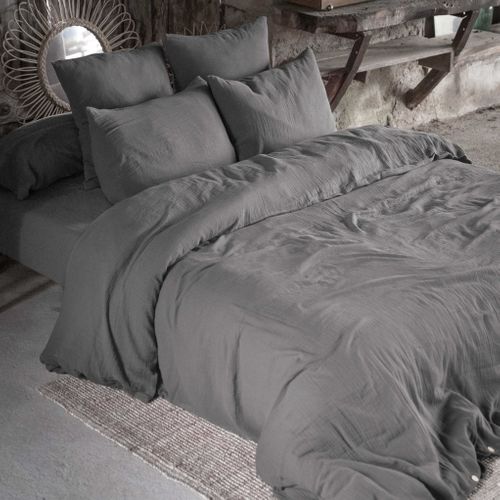 Parure De Lit Double Gaze De Coton Gris Anthracite 140x200 Cm