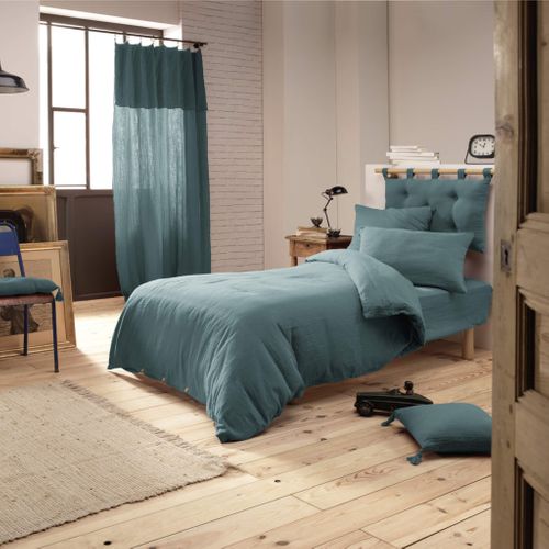 Parure De Lit Double Gaze De Coton Bleu Canard 200x200 Cm