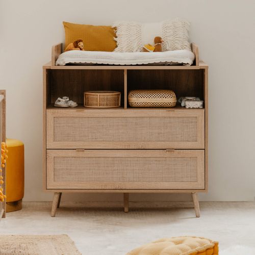 Commode à Langer 2 Tiroirs En Bois Naturel Imprimé Cannage