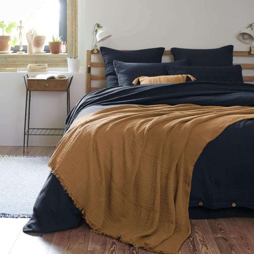 Plaid Gaze De Coton à Franges Marron 130x160 Cm